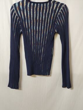 Ecru Spacedye Rib Knit Crewneck Sweater Navy Stripe Long Sleeve Size M NWT